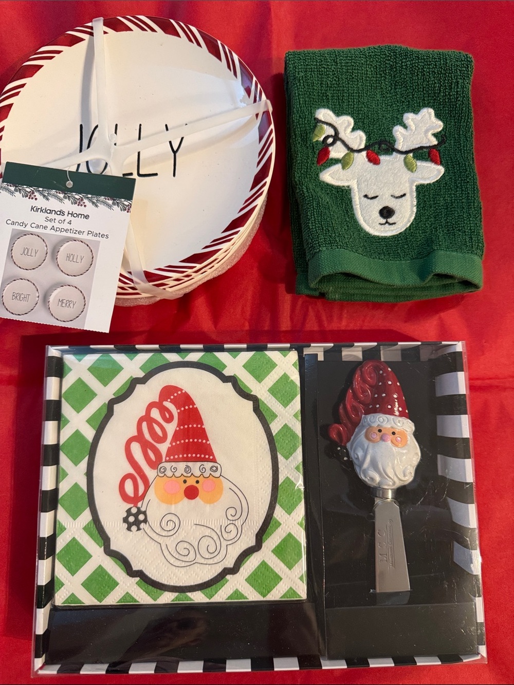 Green Reindeer Hand Towel & Candy Cane Plate Set & Santa Spreader W/Napkins